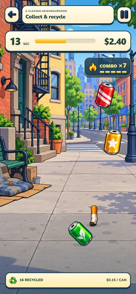 Collect and recycle cans — English pre-release gameplay from Homeless to Millionaire