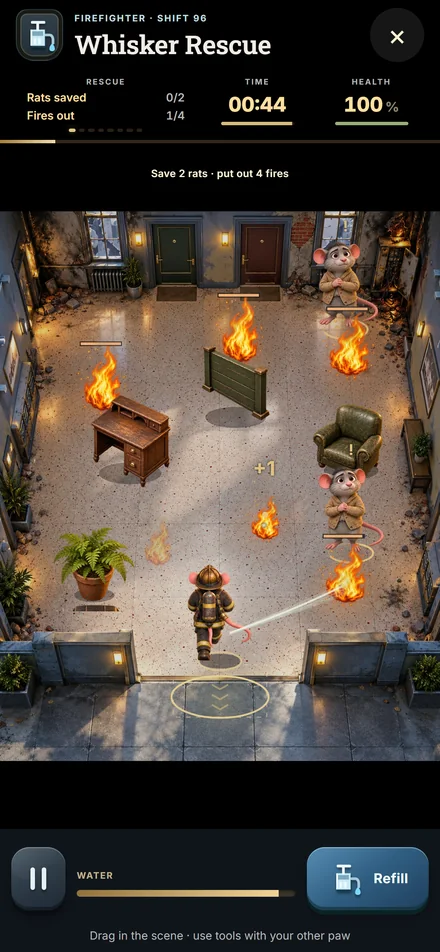 Firefighter rescue minigame — English pre-release gameplay from Cashflow Rats